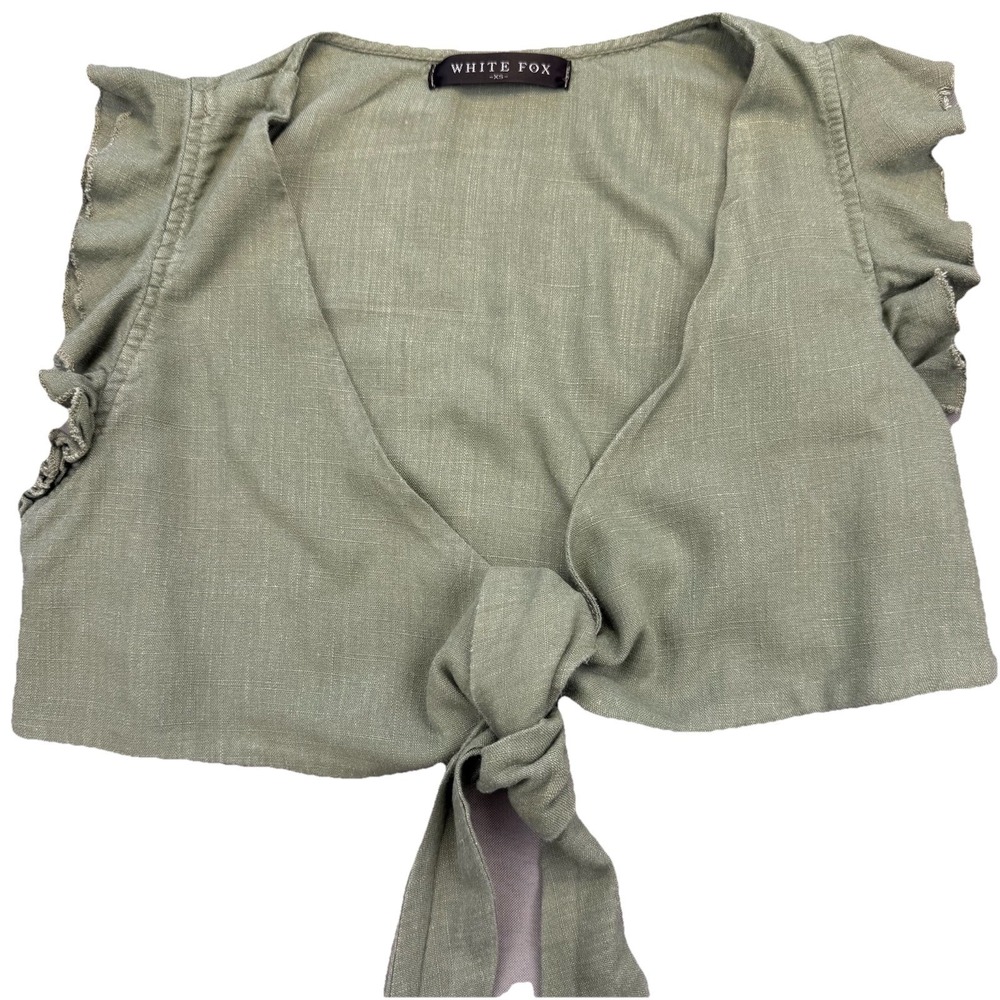 White Fox Boutique Women's Tie Crop Top Olive Green Ruffle Clubwear Festival XS